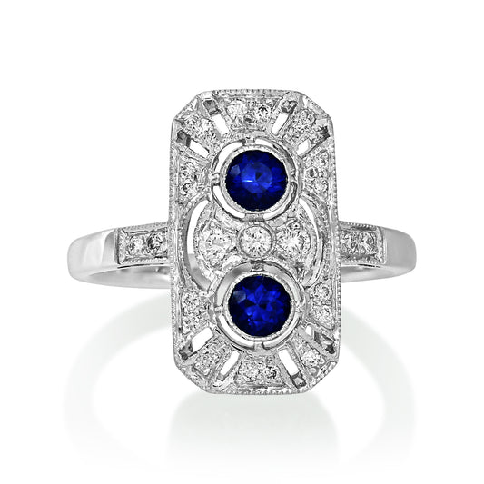 Art Deco Style 18ct White Gold Diamond & Sapphire Ring